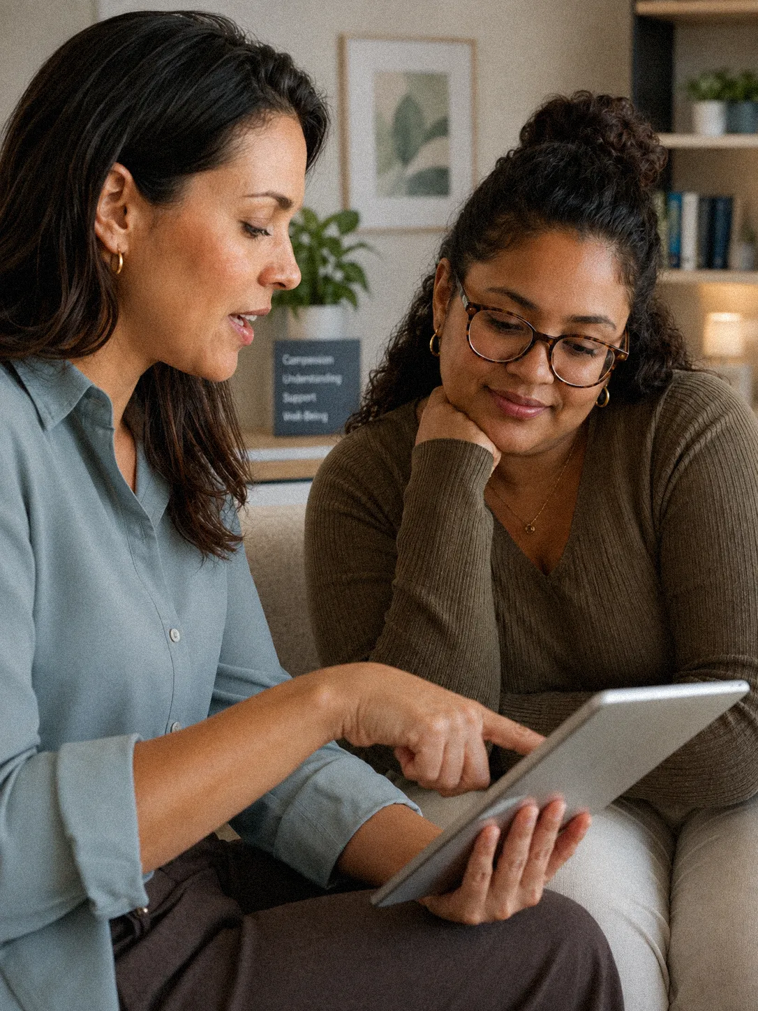 A psychiatric provider reviewing a treatment plan with a patient on a tablet